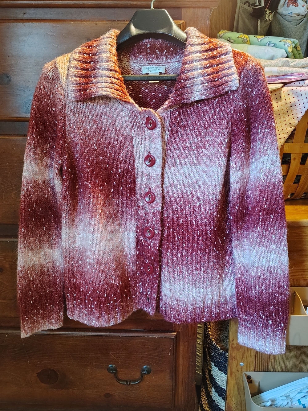 Christopher & Banks Burgundy and Cream Ombre Marled Button-Front Cardigan
